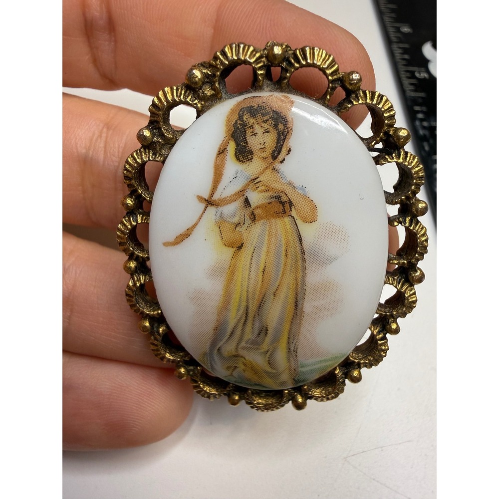 Vintage Gold Tone Portrait Cameo Brooch Pendant Woman in Yellow Dress Oval